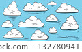 Color Hand Drawn Cloud Set. Sky Elements on Blue Background for Weather and Dreamy Designs 132780941