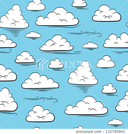 Cloudy sky seamless pattern. Color Hand Drawn Clouds. Sky Elements on Blue Background. Print for packaging, fabric, wallpaper and other surfaces Cloudy sky seamless pattern. Color Hand Drawn Clouds. Sky Elements on Blue Background. Print for packaging, fabric, wallpaper and other surfaces 132780942