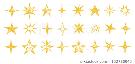 gold chalk crayon doodle stars set. Shine and sparkle hand drawn drawing collection. Children style yellow wax pencil elements. Grunge texture star shapes. Vector illustration gold chalk crayon doodle stars set. Shine and sparkle hand drawn drawing collection. Children style yellow wax pencil elements. Grunge texture star shapes. Vector illustration 132780943