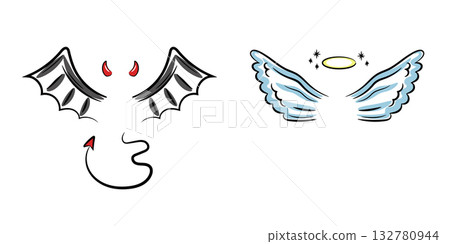 Angel and demon wings and other elements. Color doodle hand drawn illustration on white background. 132780944