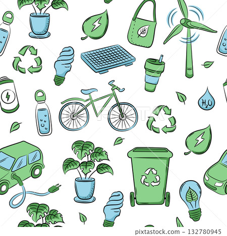 Hand Drawn Eco Doodle Collection seamless pattern. Sustainable Living, Renewable Energy, and Zero Waste background. Hand Drawn Eco Doodle Collection seamless pattern. Sustainable Living, Renewable Energy, and Zero Waste background. 132780945