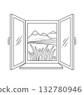 An open window with a view of nature. A beautiful landscape of mountains, fields, and flowers. Doodle illustration on a white background. 132780946