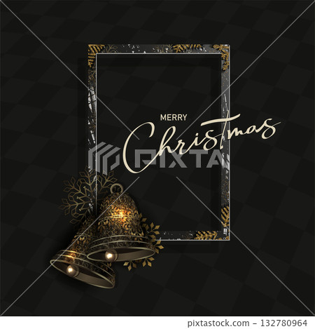 Merry Christmas. Square isolated frame with gorgeous textured gold bells and snowflakes Merry Christmas. Square isolated frame with gorgeous textured gold bells and snowflakes 132780964