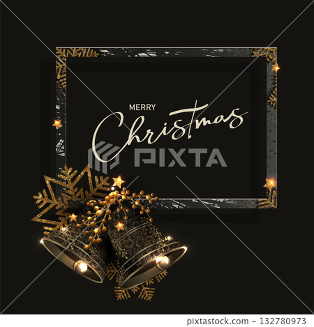 Merry Christmas 2026. Square isolated frame with textured gold bells and snowflakes Merry Christmas 2026. Square isolated frame with textured gold bells and snowflakes 132780973