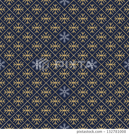 Luxurious geometric snowflake pattern in gold and navy blue, perfect for winter, Christmas Luxurious geometric snowflake pattern in gold and navy blue, perfect for winter, Christmas 132781008