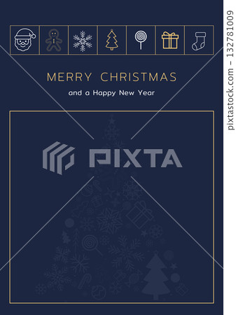 Minimalist navy blue and gold Christmas greeting card with festive icons and modern typography Minimalist navy blue and gold Christmas greeting card with festive icons and modern typography 132781009