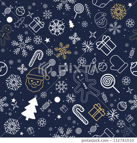 Decorative seamless pattern featuring Christmas symbols in white and gold on navy background Decorative seamless pattern featuring Christmas symbols in white and gold on navy background 132781010