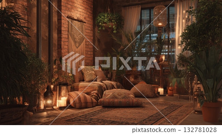 This inviting indoor space features comfortable seating with decorative pillows, plants, and warm lighting creating a serene atmosphere. The brick walls and wooden accents add a rustic charm. 132781028