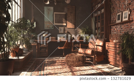 A warmly lit room features a rustic desk, comfortable chairs, and lush plants. Sunlight filters through large windows, enhancing the cozy and inviting feel of the space. 132781029