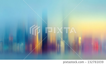 Early morning light casts soft colors over a city skyline. Tall buildings emerge through a hazy, blurred appearance, creating a serene and dreamlike setting as the day begins. 132781039