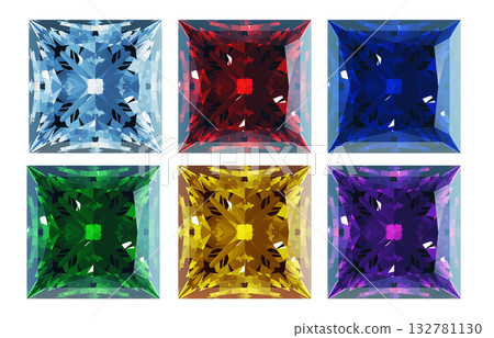 CG illustration of princess cut gemstones in different colors. Diamonds in six recommended colors. CG illustration of princess cut gemstones in different colors. Diamonds in six recommended colors. 132781130