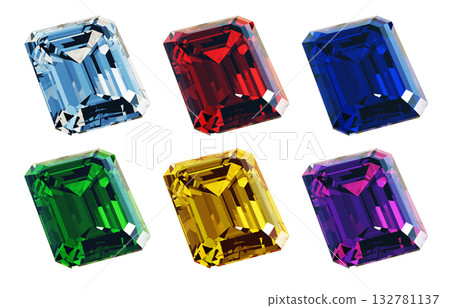 CG illustration of emerald cut gemstones of different colors seen from an angle. Diamonds in six recommended colors. CG illustration of emerald cut gemstones of different colors seen from an angle. Diamonds in six recommended colors. 132781137