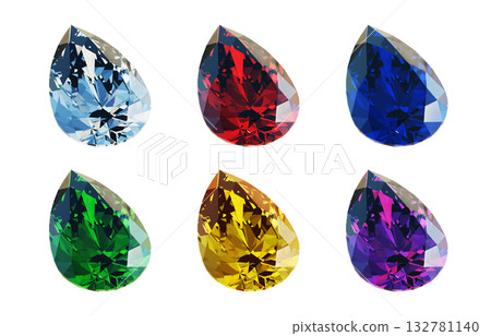 CG illustration of pear-shaped cut gemstones in different colors seen from an angle. Diamonds in six recommended colors. CG illustration of pear-shaped cut gemstones in different colors seen from an angle. Diamonds in six recommended colors. 132781140