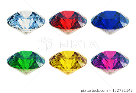 CG illustration of round brilliant cut gemstones in different colors seen from an angle. Diamonds in six recommended colors. CG illustration of round brilliant cut gemstones in different colors seen from an angle. Diamonds in six recommended colors. 132781142