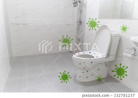 Germ bacteria and virus contaminate bathroom toilet bowl. Infectious diseases spread hygiene concept. 132781237