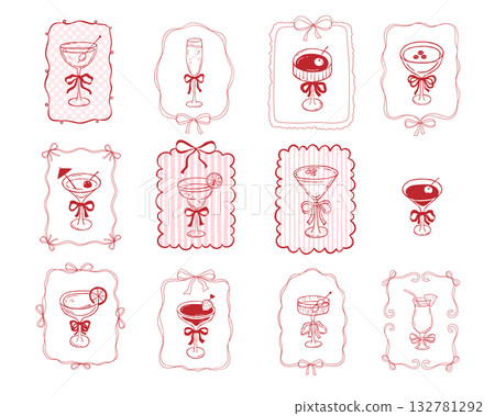 Whimsical cocktail glass with bow in coquette frame, cherry and strawberry, hand draw vector illustrations set, doodle for bride party invitation 132781292