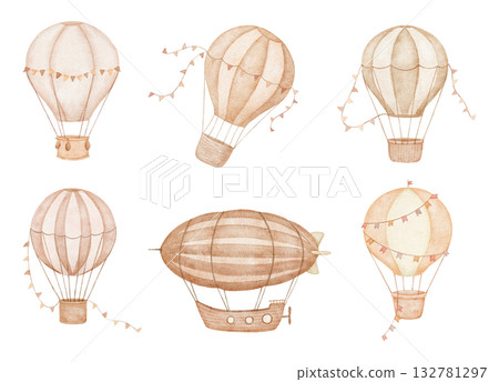 Flying Hot air balloon with flags and Dirigible in neutral colors. Watercolor zeppelin isolated illustration for kids 132781297