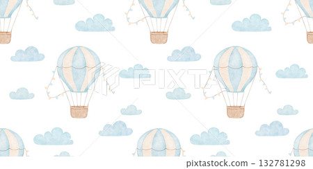 Seamless watercolor pattern with blue hot air balloons on white background, hand drawn repeating illustrations for boy Seamless watercolor pattern with blue hot air balloons on white background, hand drawn repeating illustrations for boy 132781298