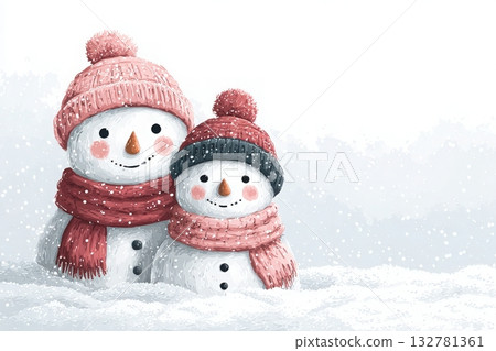 A pair of snowmen smile in a snowy setting. The larger snowman wears a pink hat and scarf, while the smaller one sports a red and black hat. Snowflakes gently fall around them. 132781361