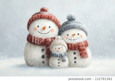 A family of three snowmen stands together in a snowy setting. The largest snowman wears a red scarf and hat, while the medium-sized one has a gray hat. The smallest snowman smiles brightly. 132781362