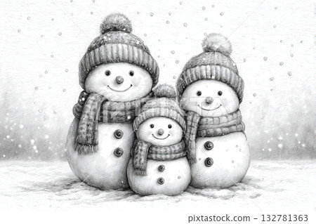A cheerful family of three snowmen smiles in a snowy landscape. Each snowman wears a striped hat and cozy scarf. Soft snowflakes drift down, creating a dreamy winter atmosphere. 132781363