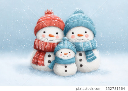 A cheerful family of snowmen stands together in a snowy scene. The larger snowmen wear bright hats and scarves, while a small snowman looks up with a smile. Snowflakes gently fall around them. 132781364