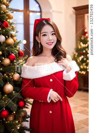 背景中站著一棵聖誕樹的女人 132781456