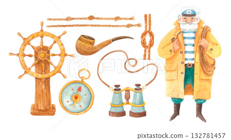 Watercolor nautical set with sea captain and marine elements isolated on white. Watercolor nautical set with sea captain and marine elements isolated on white. 132781457