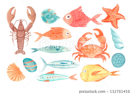 Watercolor sea animals and shells clipart. Ocean creatures set isolated on white. 132781458
