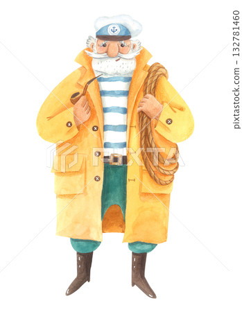 Sea captain character in yellow raincoat. Watercolor isolated illustration. 132781460