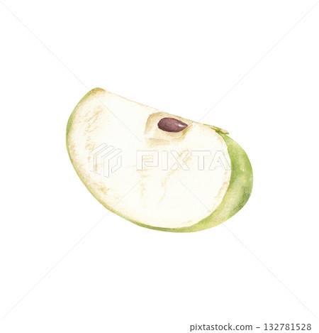 Quarter of green apple isolated on white background. Hand drawn watercolor illustration for print and design Quarter of green apple isolated on white background. Hand drawn watercolor illustration for print and design 132781528