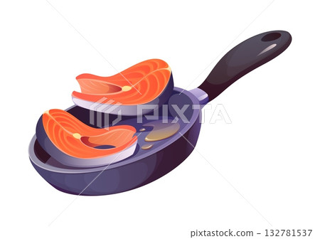 Cartoon two salmon steaks in a frying pan with oil. Vector fresh fish cooking process in a modern kitchen isolated on white background. Seafood recipe preparation, healthy food cook culinary process 132781537