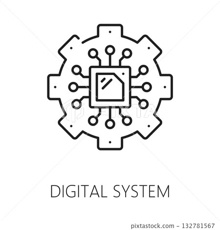 RPA digital system thin line icon or sign. Industry process automation linear vector sign, RPA solution outline pictogram. Machine learning innovation symbol or icon with computer chip and gear wheel RPA digital system thin line icon or sign. Industry process automation linear vector sign, RPA solution outline pictogram. Machine learning innovation symbol or icon with computer chip and gear wheel 132781567