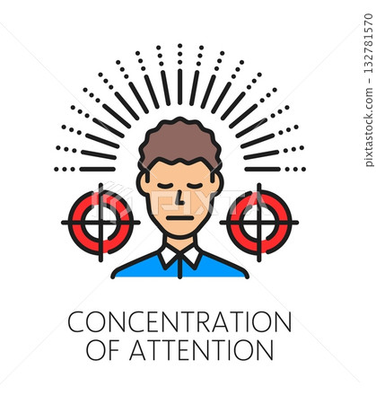 Attention concentration cognitive ability color line icon or sign. Concentration cognitive ability improvement vector icon. Mental capability development sign with man character and target cross Attention concentration cognitive ability color line icon or sign. Concentration cognitive ability improvement vector icon. Mental capability development sign with man character and target cross 132781570