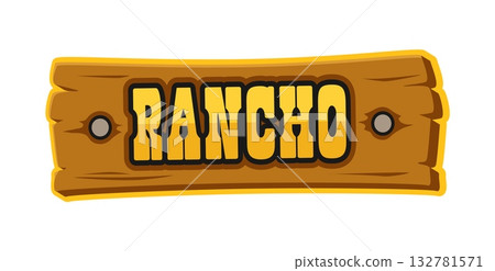 Western ranch sign and Wild West Y2K groovy sticker. Texas cowboy retro vector sticker, western ranch and rodeo patch. American country culture tag with wooden signboard and rancho text typography 132781571