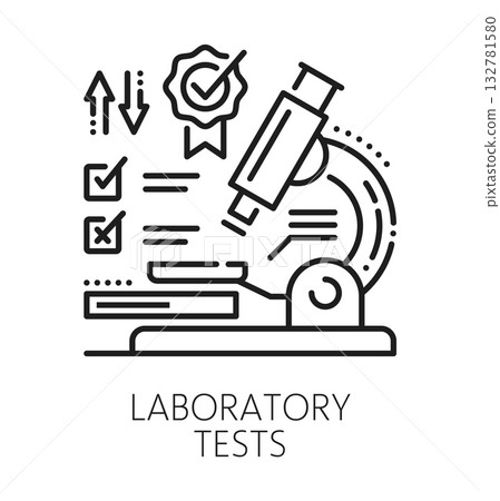 Quality laboratory test inspection line icon or symbol. Factory regulatory control pictogram, production regulation inspection outline vector sign. Quality approval symbol or icon with lab microscope 132781580