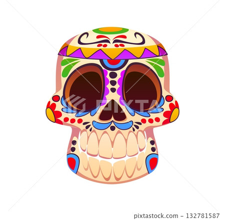 Day of the Dead holiday Dia De Los Muertos ornate sugar skull. Mexican festival attribute, Day of the Dead holiday isolated vector item. Mexico carnival with human skull with ethnic flower ornaments 132781587