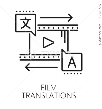 English language film translation line icon or sign. Language vocabulary thin line vector pictogram, English language translation symbol. Foreign speech translate sign with movie film and play button English language film translation line icon or sign. Language vocabulary thin line vector pictogram, English language translation symbol. Foreign speech translate sign with movie film and play button 132781597