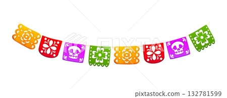 Day of the Dead holiday, Dia De Los Muertos papel picado garland. Mexican holiday, Dia de Los Muertos vector paper decoration. Day of Dead papel picado colorful cutout flags with flowers and skulls Day of the Dead holiday, Dia De Los Muertos papel picado garland. Mexican holiday, Dia de Los Muertos vector paper decoration. Day of Dead papel picado colorful cutout flags with flowers and skulls 132781599
