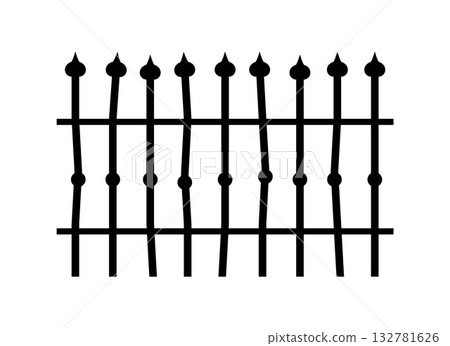 Cemetery or park iron fence border silhouette. Spooky antique vector barrier shape, Halloween horror cemetery iron fence. Scary graveyard forged palisade silhouette or creepy garden metal border form 132781626