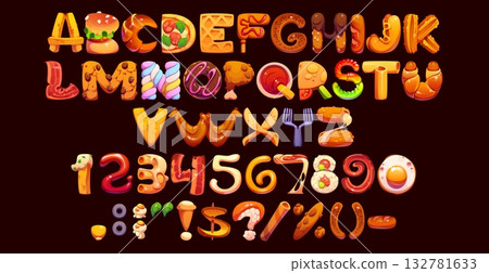 Cartoon fast food font, fastfood typeface, takeaway type, appetizing kids english alphabet set. Vector burger, pizza and sandwich snacks letters and numbers typography. Fast food restaurant menu font 132781633