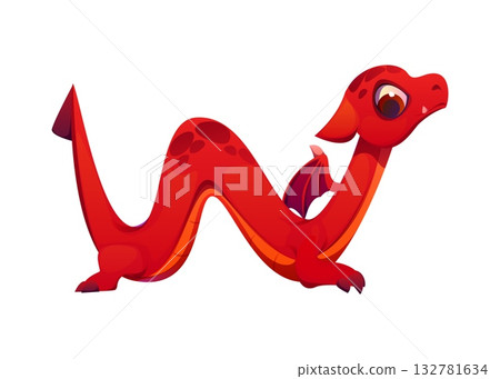 Asian red dragon character font letter W. Fantasy monster kids ABC typeset element, red dragon cartoon vector letter. Fairy reptile character font symbol or English alphabet type sign 132781634
