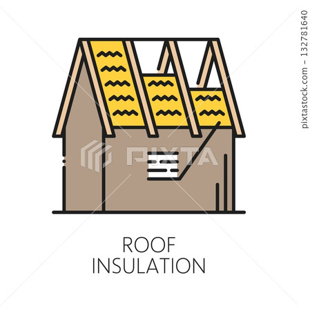 House roof insulation repair line icon or label. Property roof insulation repair company outline icon, house maintenance vector sign. Home exterior renovation symbol or construction service pictogram 132781640