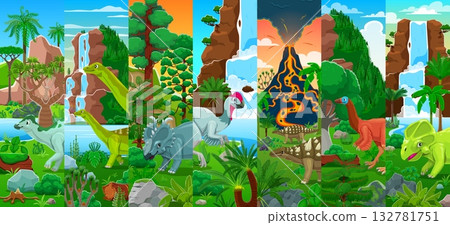 Cartoon prehistoric dinosaur characters collage. Vector dino species sauropods, triceratops, ankylosaurs and theropods in jungle landscapes with volcanoes, waterfalls and lush vegetation on background Cartoon prehistoric dinosaur characters collage. Vector dino species sauropods, triceratops, ankylosaurs and theropods in jungle landscapes with volcanoes, waterfalls and lush vegetation on background 132781751