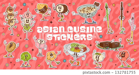 Groovy Asian cuisine characters stickers with funny Japanese desserts and sweets, cartoon vector. Groovy stickers with funny Japanese namagashi dessert or pocky stick biscuit and marmalade characters 132781755