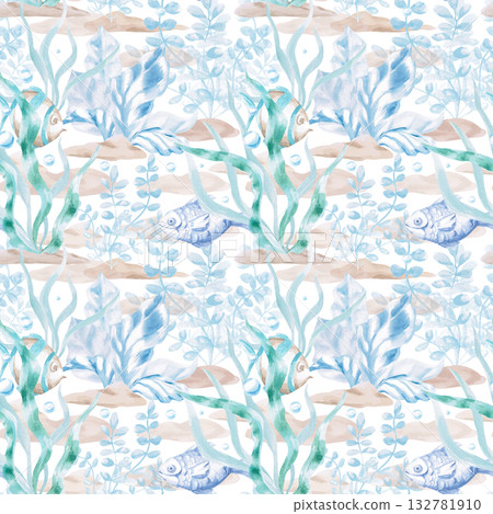 A seamless pattern with stylized seaweed and fish on a dark blue background. A fairytale-style watercolor illustration for decorating children's rooms, swimming pools, and printing on fabric. 132781910