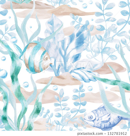 A seamless pattern with stylized seaweed and fish. A fairytale-style watercolor illustration for decorating children's rooms, swimming pools, and printing on fabric and clothing. 132781912