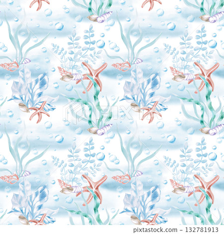 A seamless pattern with seaweed, shells, and starfish on a soft blue background. A fairytale-style watercolor illustration for decorating children's rooms, swimming pools, and fabric printing. 132781913
