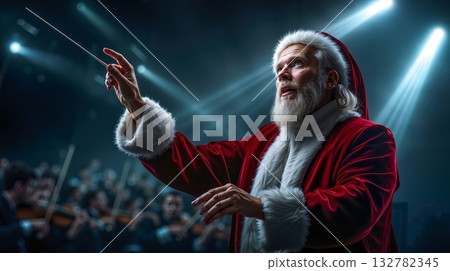 A man dressed as Santa Claus holding a baton in front of an orchestra 132782345