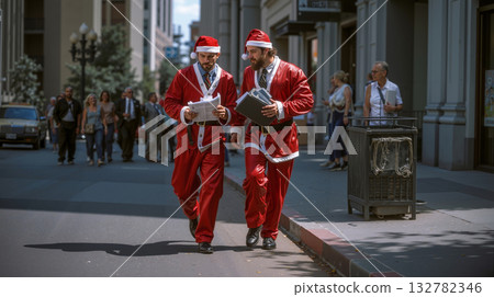Two men dressed as Santa Claus walking down the street 132782346